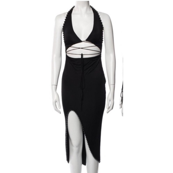 Alexander‎ Wang Halter Dress Cutout Beaded Trim Bodycon Black Size 10 - Picture 2 of 12